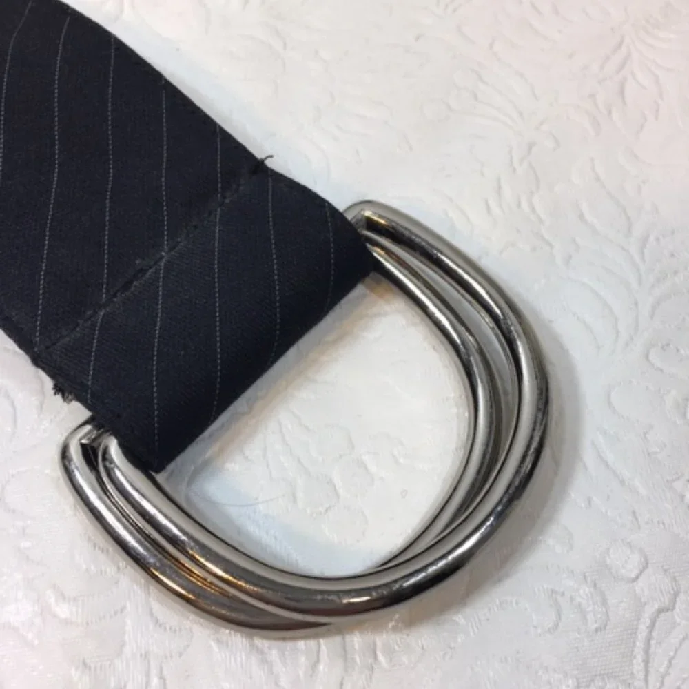 Black Striped Cloth Belt Double Silver Toned Buckles